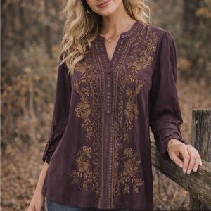 Andree by Unit Plum Embroidered Boho Blouse Women Medium Long Sleeve Floral Top